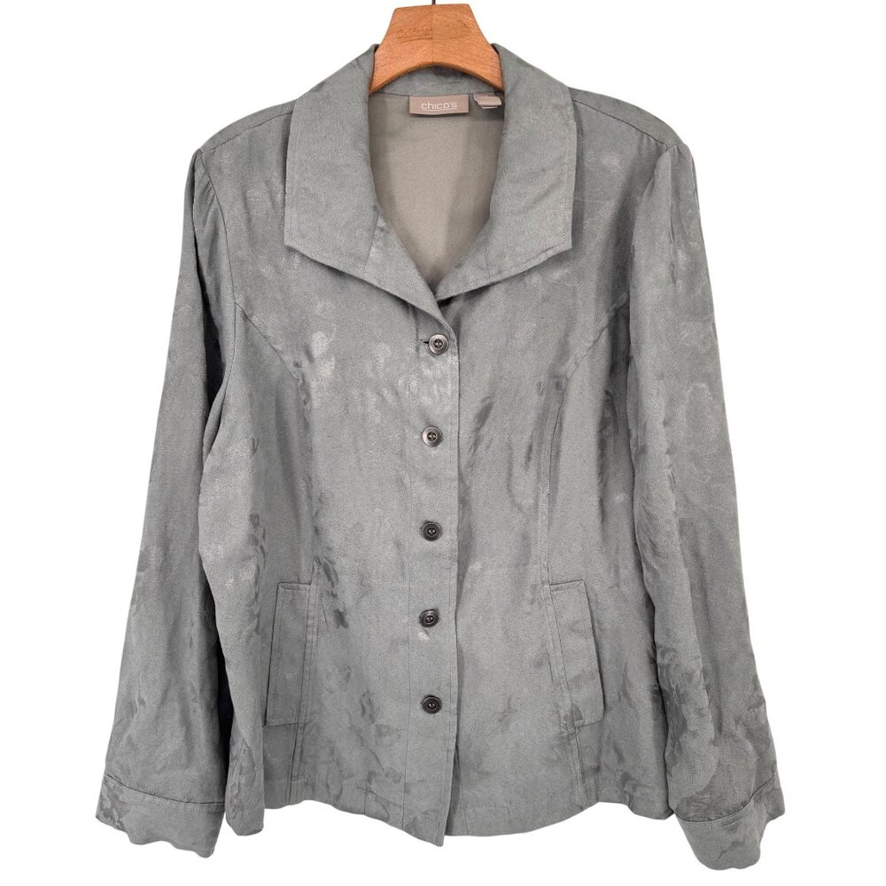 Chicos Womens Gray Button-Front top faux suede Size large  Long Sleeve